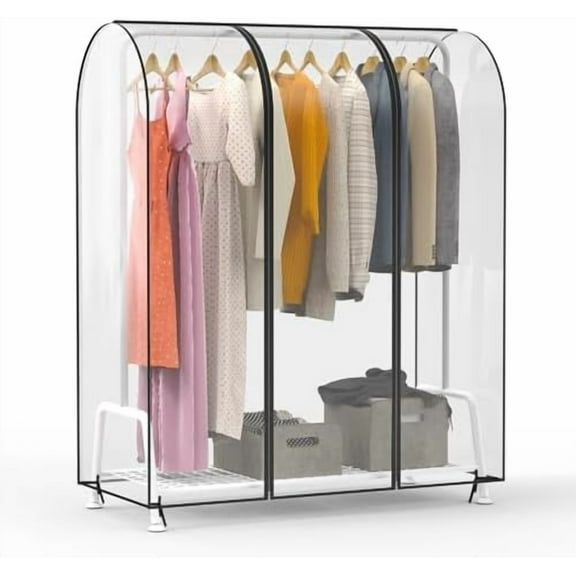 50'' Clear Garment Rack Cover Dustproof Clothes Rack Cover Clear Garment Bags Waterproof Wardrobe Cover with 2 Durable Zippers for Garment Rack