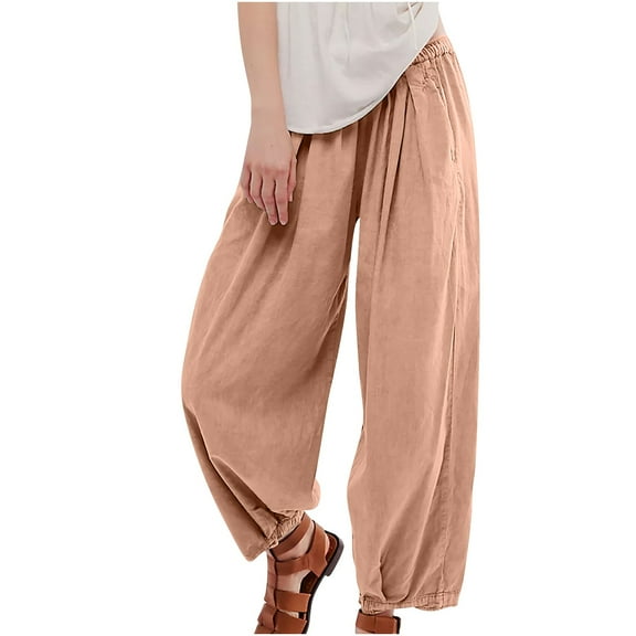 HAPIMO Capris Cotton Linen Pants Petal Tube for Women Leisure Relaxed Daily Floral Print Trousers Trendy Clothes Elastic Waist Retro Gold XL