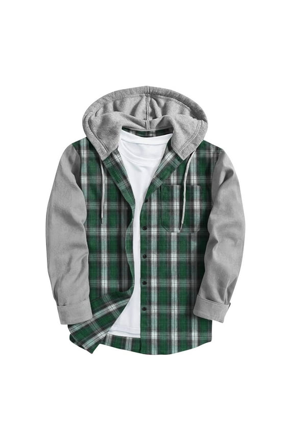 Men's Fashion Flannel Fake Tow Piece Jacket Thick Quilted Plaid Printed Color Patchwork Hooded Jacket Padded Cotton Jacket with Pocket Green XL