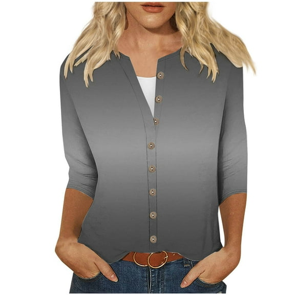 HAPIMO Women's Fashion Shirts V-Neck Pullover Long Sleeve Blouse Classic Solid Color Button Chiffon Tops Cozy Casual Sweatshirt T-Shirt Clothes for Women