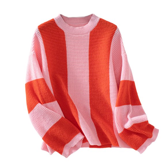 HAPIMO Womens Color Block Sweater Fall Fashion Long Sleeve Mock Neck Pullover Dressy Casual Ribbed Knit Loose Sweaters Teen Girls Clothes Orange L