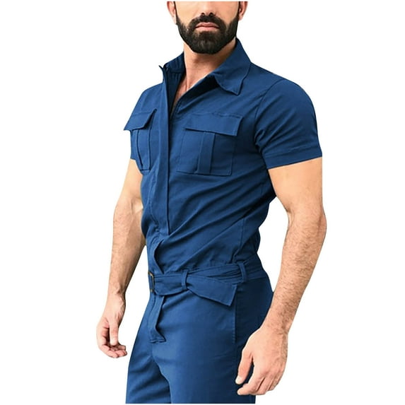 HAPIMO Men's Shorts Jumpsuit Rompers Summer Fashion Comfy Sale Solid Short Sleeve Lapel Pocket Button Trousers for Boys Blue XL