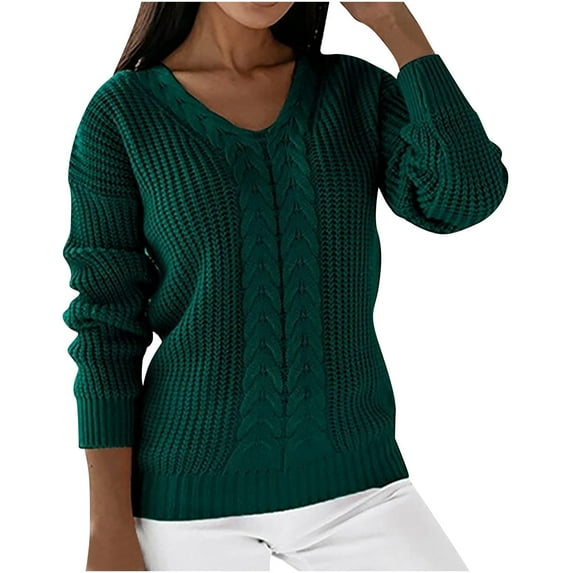 HAPIMO Oversized Sweaters for Women Deep V Neck Long Sleeve Cable Knit Sweater Loose Jumper Tunic Pullover Tops Teen Girls Clothes Green L