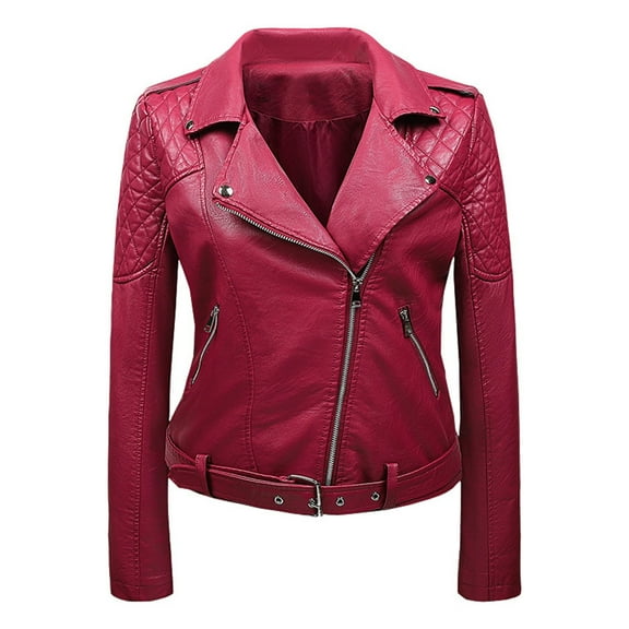 HAPIMO Motorcycle Leather Jacket for Women Solid Lapel Collar Jacket Womens Silm Biker Outwear Long Sleeve Girls Fall Fashion Tops Casual Comfy