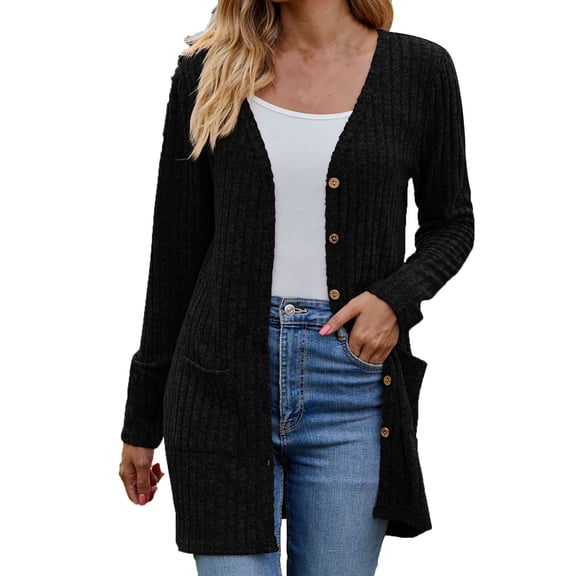 HAPIMO Women Open Front Cardigan Lantern Sleeve V-neck Knitwear Solid Casual Belted Mid-Length Jumper Pullover Womens Sweaters Fall Fashion Black L