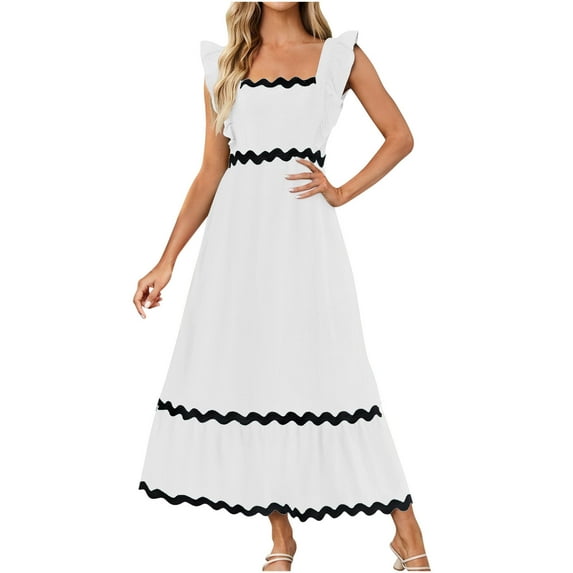 50% off Clear! HAPIMO Tea Length Loose Dress for Women Clearance Dot Print Vacation Ruffle Swing Hem Short Sleeve Clothing Summer Beach V Neck Sundress Retro Boho