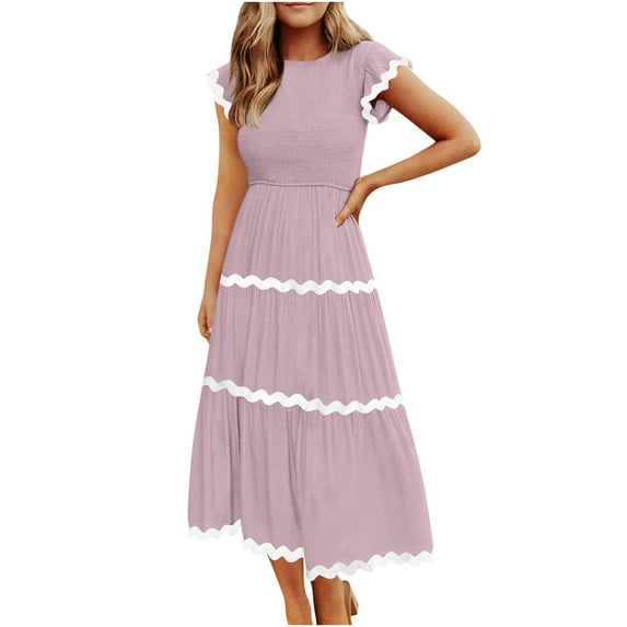 50% off Clear! HAPIMO Tea Length Loose Dress for Women Clearance Dot Print Vacation Ruffle Swing Hem Short Sleeve Clothing Summer Beach V Neck Sundress Retro Boho