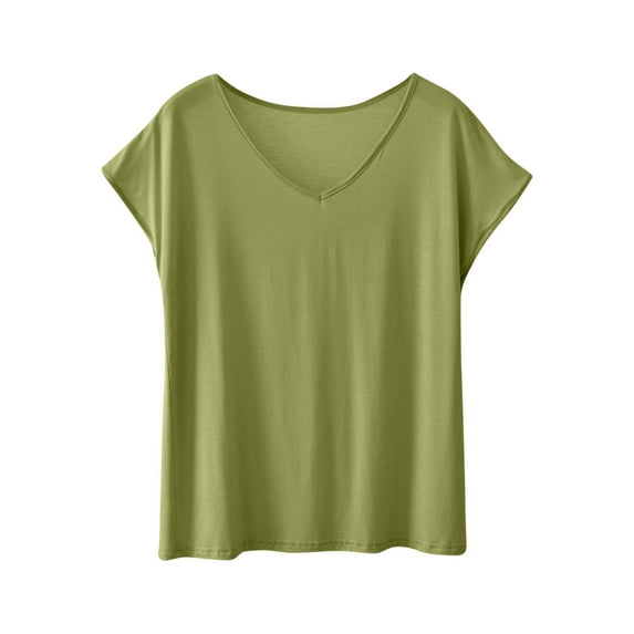 HAPIMO Women's Fashion Shirts Loose Clothes for Girls Knit Sweater Blouses V Neck T shirt Short Sleeve Tees Solid Color Print Tops Green L