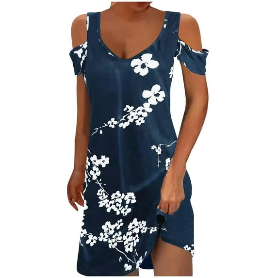 50% off Clear! HAPIMO Women's Mini Loose Dress Cold Shoulder Sleeve Clothing Scoop Neck Solid Color Tops Side Knot Elegant Summer Dresses for Female Blue M