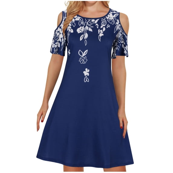 50% off Clear! HAPIMO Women's Mini Loose Dress Cold Shoulder Sleeve Clothing Scoop Neck Solid Color Tops Side Knot Elegant Summer Dresses for Female Blue M