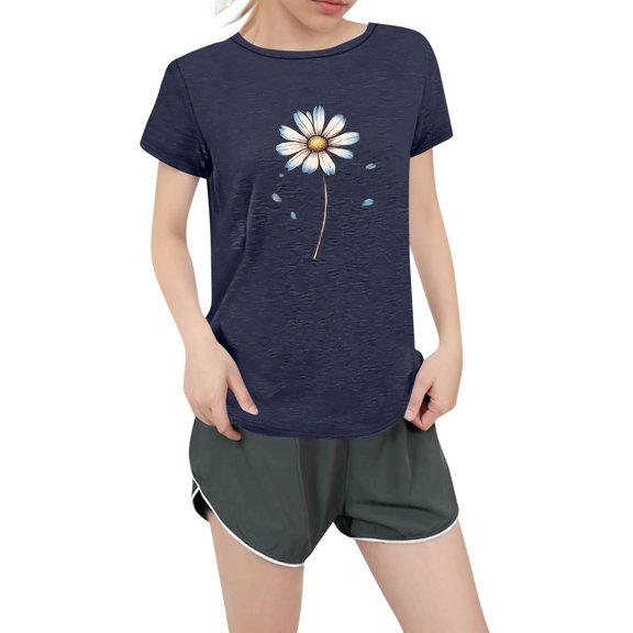 NAMTYQX Cute Shirts for Women Fashion Light mit Muster Soft Plus Size Short Sleeve Baggy Crew Neck Graphic Womens Graphic Tees Navy Size 2XL