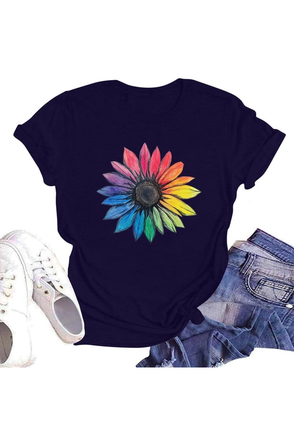 Fall Shirts for Women 2025 Graphic Relaxed Fit Crewneck Bedrucktes Short Sleeve Lightweight Basic Soft Plus Size Shirts for Women Trendy Summer Navy Size S