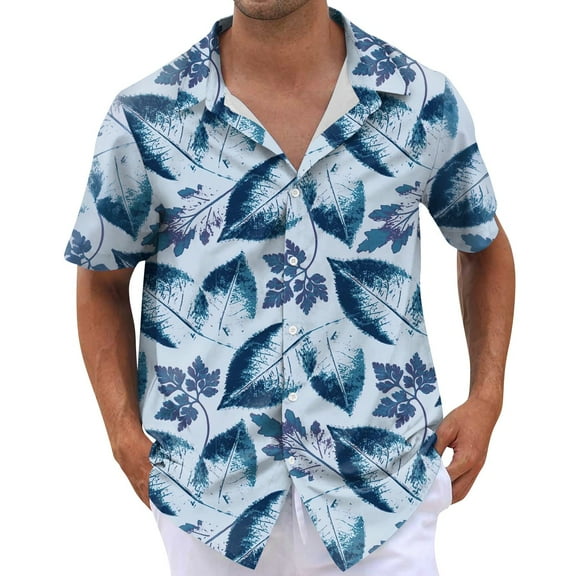 NAMTYQX Hawaiian Shirts for Men Casual Tropical Graphic Button Up Lightweight Plus Size V Neck Short Sleeve Funny Hawaiian Shirts for Men Blue Size L