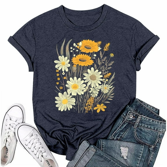 NAMTYQX Ladies Tops and Blouses Crew-Neck Print Lightweight Muster Soft Comfy Fashion Short Sleeve Plus Size Oversized Graphic Tees for Women Saffron Size L