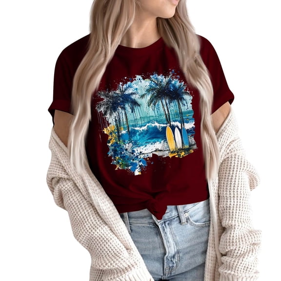 NAMTYQX Shirts for Teens Girls Short Sleeve Stretchy Mit Muster Soft Scoop Neck Boxy Fit Graphic Trendy Plus Size Graphic Tees Wine Size M