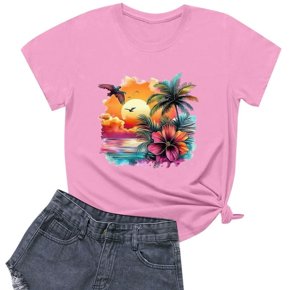 NAMTYQX Shirts for Women Trendy Summer Oversized Graphic Fashion Lightweight Short Sleeve Round Neck Print Looses Cool Graphic Tees for Women Trendy Pink Size S