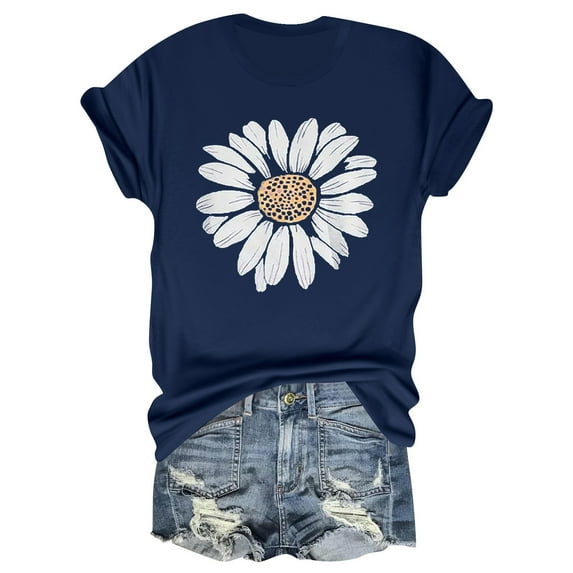 NAMTYQX Spring Tops for Women 2025 Short Sleeve Plus Size Bedruckt Round Neck Patterns Boxy Fit Lightweight Trendy Soft Hawaiian Shirts for Women Navy Size S