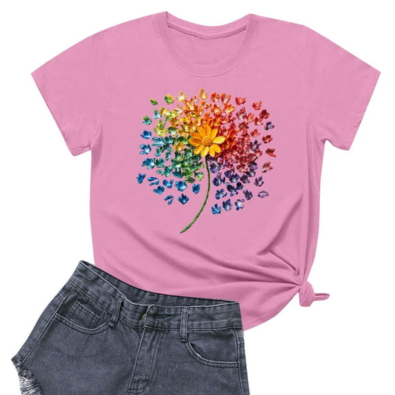 NAMTYQX Womens Summer Shirts Short Sleeve Plus Size Casual Print Loose Fit Mit Print Crewneck Soft Stretch Womens Spring Tops Pink Size M