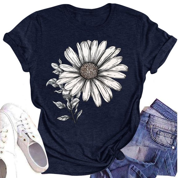 NAMTYQX Womens Tshirts Cotton Loose Fit Plus Size Print Loose Fitting Muster Stretch Cool Short Sleeve Crewneck Casual Womens Summer Shirts Navy Size M