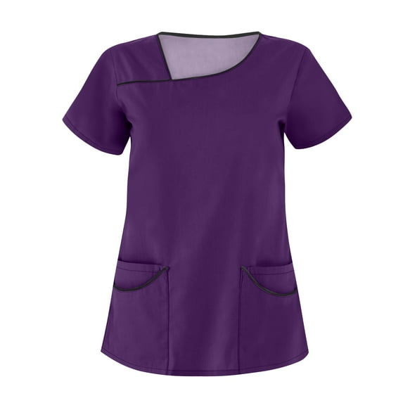 NAMTYQX Scrub Top for Woman Asymmetric Crewneck Casual Solid Color Stretchy Womens Tops Short Sleeve Plus Size Lightweight with Pockets Purple Size 5XL