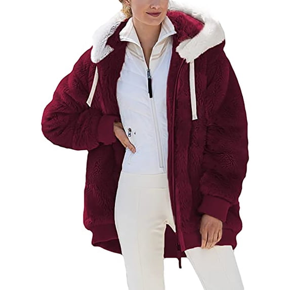 50% Off Clear! Viikei Plus Size Womens Coats Clearance for Winter Coats for Women Cardigan Jacket Coat Hooded Plush Loose Long Sleeve Tops With Zipper