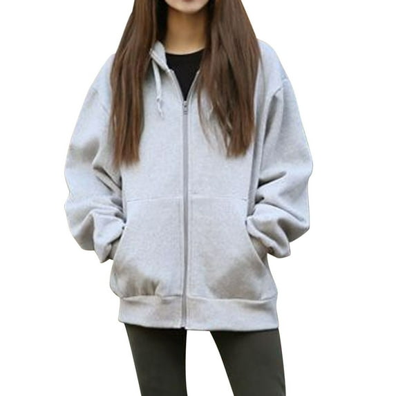 50% Off Clear! Viikei Women Coats Plus Size Women Coats Clearance Hoodie Jackets for Women Women Hooded Fleece Long Sleeve Loose Casual Zip Pockets Solid Jacket Coat