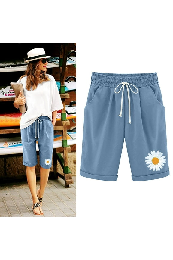 50% Off Clear! Viikei Womens Shorts Clearance Shorts for Women Plus Size Women's Shorts Pull on Summer Print five Points Cotton Linen Pants Casual Pants