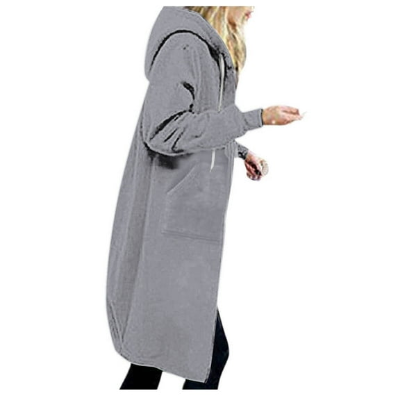 50% off Clear! Women's Long Hoodie Dresses Plus Size Solid Color Zip Up Jacket Thickening And Fleece Autumn And Winter Casual Long Sleeve Pocket Hooded Long Sweater