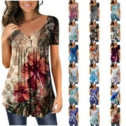 50% off Clear! YOTAMI Blouses for Women Clearance $5 Floral Print Tops Tunics Summer Short Sleeve T Shirts Cute V Neck Plus Size Casual Dressy Blouses
