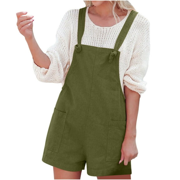 50% Off Clear! asdoklhq 2026 Summer Fall Shorts for Women $5, Womens Plus size Women's Cotton and Linen Double Pocket Bib Jumpsuit Loose Suspender Solid Color Jumpsuit