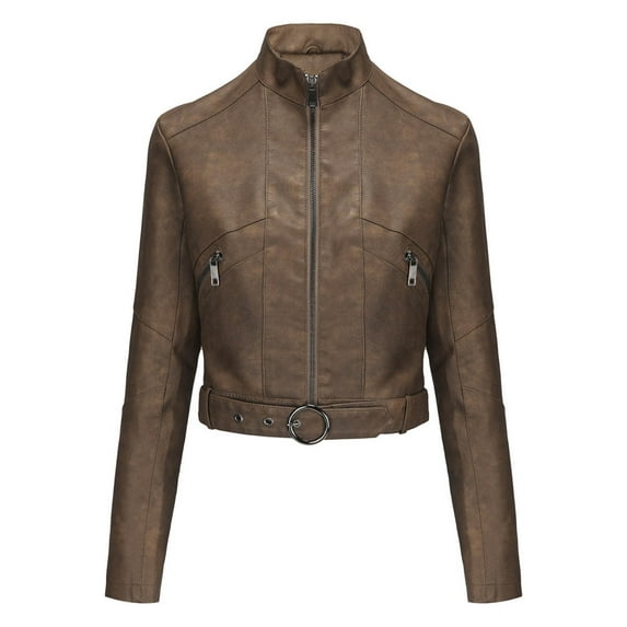 50% off Clear! safuny Women's Biker Leather Jacket Cropped Coat Motorcycle Suit Trendy Outwear Fall Long Sleeve Zipper-Up Casual Slim Pocket Holiday Solid Color Button Brown L