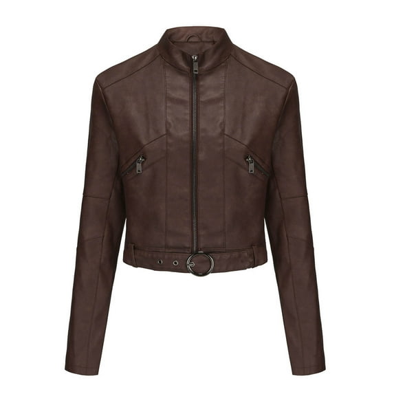 50% off Clear! safuny Women's Biker Leather Jacket Cropped Coat Motorcycle Suit Trendy Outwear Fall Long Sleeve Zipper-Up Casual Slim Pocket Holiday Solid Color Button Brown XXXL