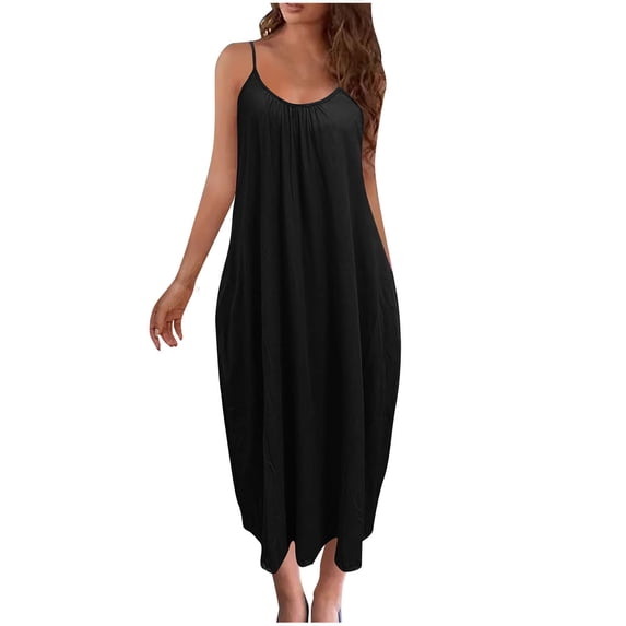safuny Women's Midi Cotton Loose Cami Dress Solid Color Retro Boho Sleeveless Clothing Summer Beach Round Neck Dress Elegant Casual Comfy Holiday Black XL