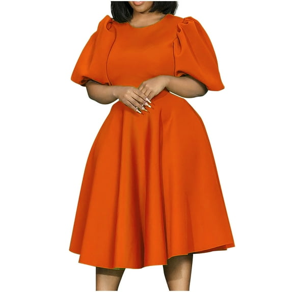 50% off Clear! safuny Women's Plus Size Slim Knee Length Pencil Dress Solid Color Holiday Elegant Cocktail Wedding Evening Party Ruffle Sleeve Trendy Dresses Crew Neck Orange S