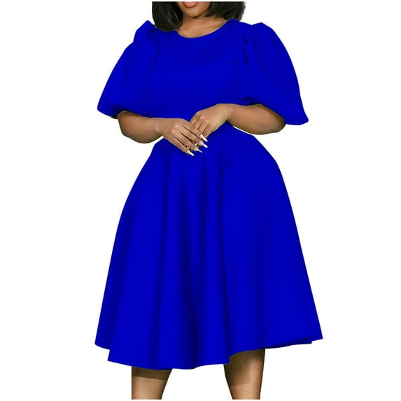 50% off Clear! safuny Women's Plus Size Slim Knee Length Pencil Dress Solid Color Holiday Elegant Cocktail Wedding Evening Party Ruffle Sleeve Trendy Dresses Crew Neck Blue M