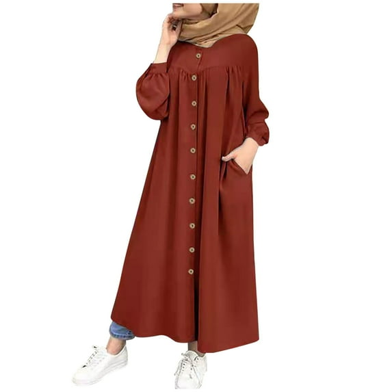 safuny Women's Tea Length Shirt Dress with Pocket Solid Fashion Autumn Dress Holiday Long Sleeve Retro Winter Turndown Collar Elegant Leisure Fit Orange S