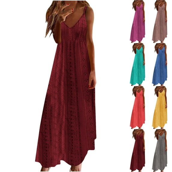 Summer Fashion Plus Size Spring Dresses for Women 2025 Casual Holiday Style Hollow Out Long Solid Color Loose Sleeveless-Neck Camisole