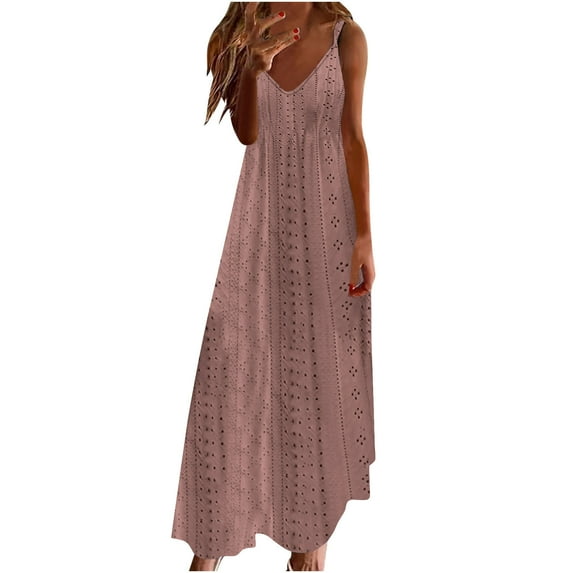 Summer Fashion Plus Size Spring Dresses for Women 2025 Casual Holiday Style Hollow Out Long Solid Color Loose Sleeveless-Neck Camisole
