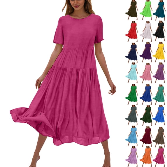 Summer Fashion Plus Size Spring Dresses for Women 2026 Flower Solid Color Casual Short Sleeve Crewneck Casual Flowy Tiered Maxi Beach