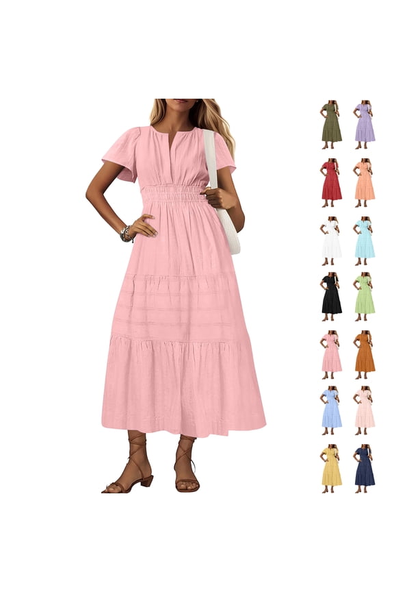 Summer Fashion Plus Size Spring Dresses for Women 2025 Sexy Solid Short Sleeve V-Neck Pleated Long Midi Maxi Elastic Waist Boho Beach Pockets