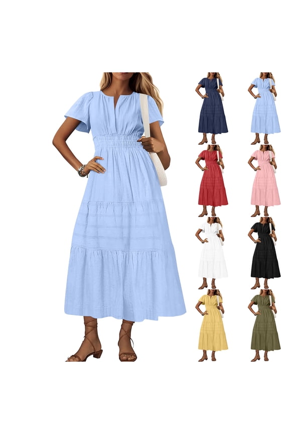 Summer Fashion Plus Size Spring Dresses for Women 2025 Sexy Solid Short Sleeve V-Neck Pleated Long Midi Maxi Elastic Waist Boho Beach Pockets