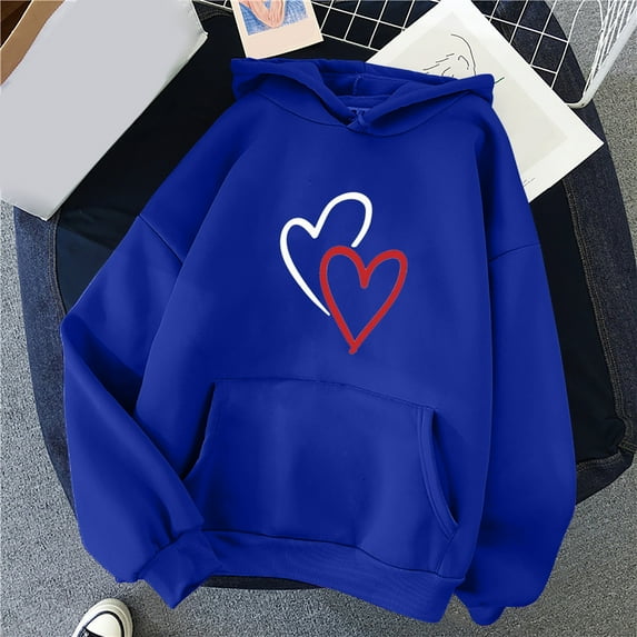50% Clearance!Womens Fashion Plus Size Sawvnm Women's Comfortable Sweater Heart Pattern Printed Women's Hooded Pocket Drawstring Sweater For Women Blue M