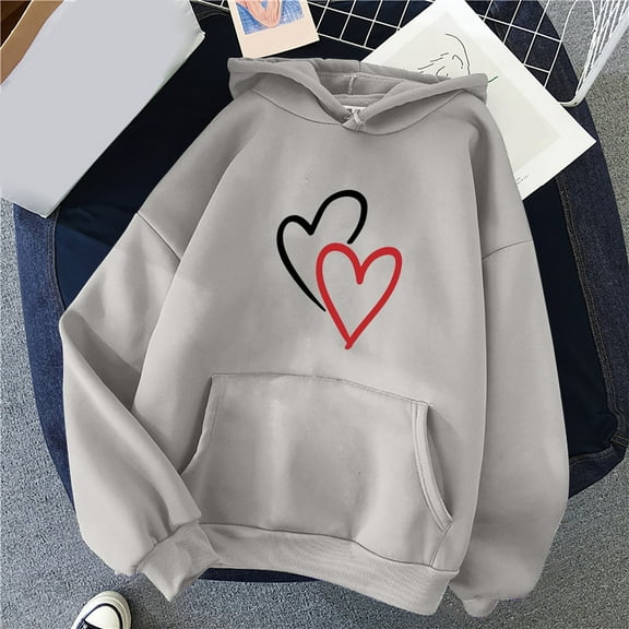 50% Clearance!Womens Fashion Plus Size Sawvnm Women's Comfortable Sweater Heart Pattern Printed Women's Hooded Pocket Drawstring Sweater For Women Gray XL