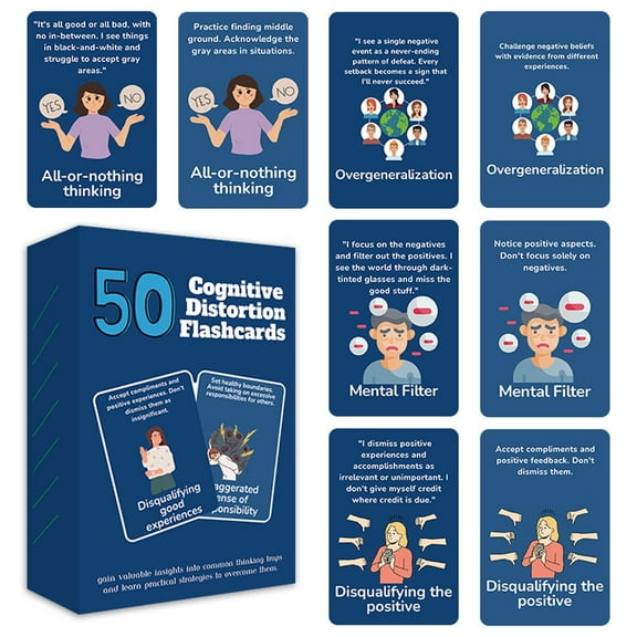 50 Cognitive Distortion Flashcards for Therapy Self Reflection and Mental Health Education with Illustrated Explanations