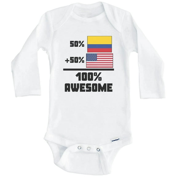50% Colombian 50% American 100% Awesome Funny Flag One Piece Baby Bodysuit (Long Sleeve), 0-3 Months White