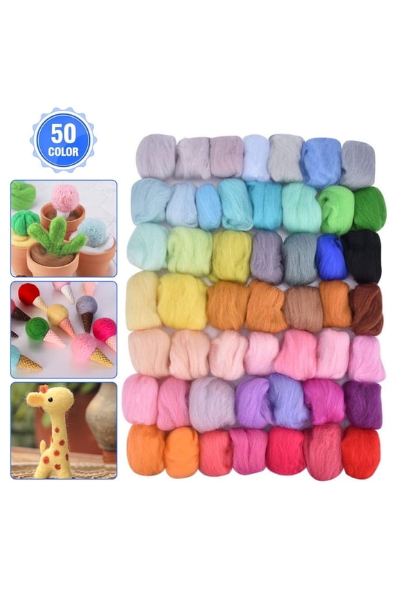 50 Colors Needle Felting Wool, DISEN Fibre Wool Yarn Roving for Needle Felting Hand Spinning DIY Craft Materials, Wool Roving Fibre Needle Felting, Hand Wool Felting Spinning, Wool Yarn Felt Fabric