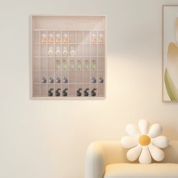 50-Compartment Display Cabinet, 23.46x24.65in Solid Pine Wood, Wall-Mount with Hooks & Nails, Large Capacity for Minifigures/Vinyl Figures, Perfect for Collectors/Counter Displays/Exhibitions