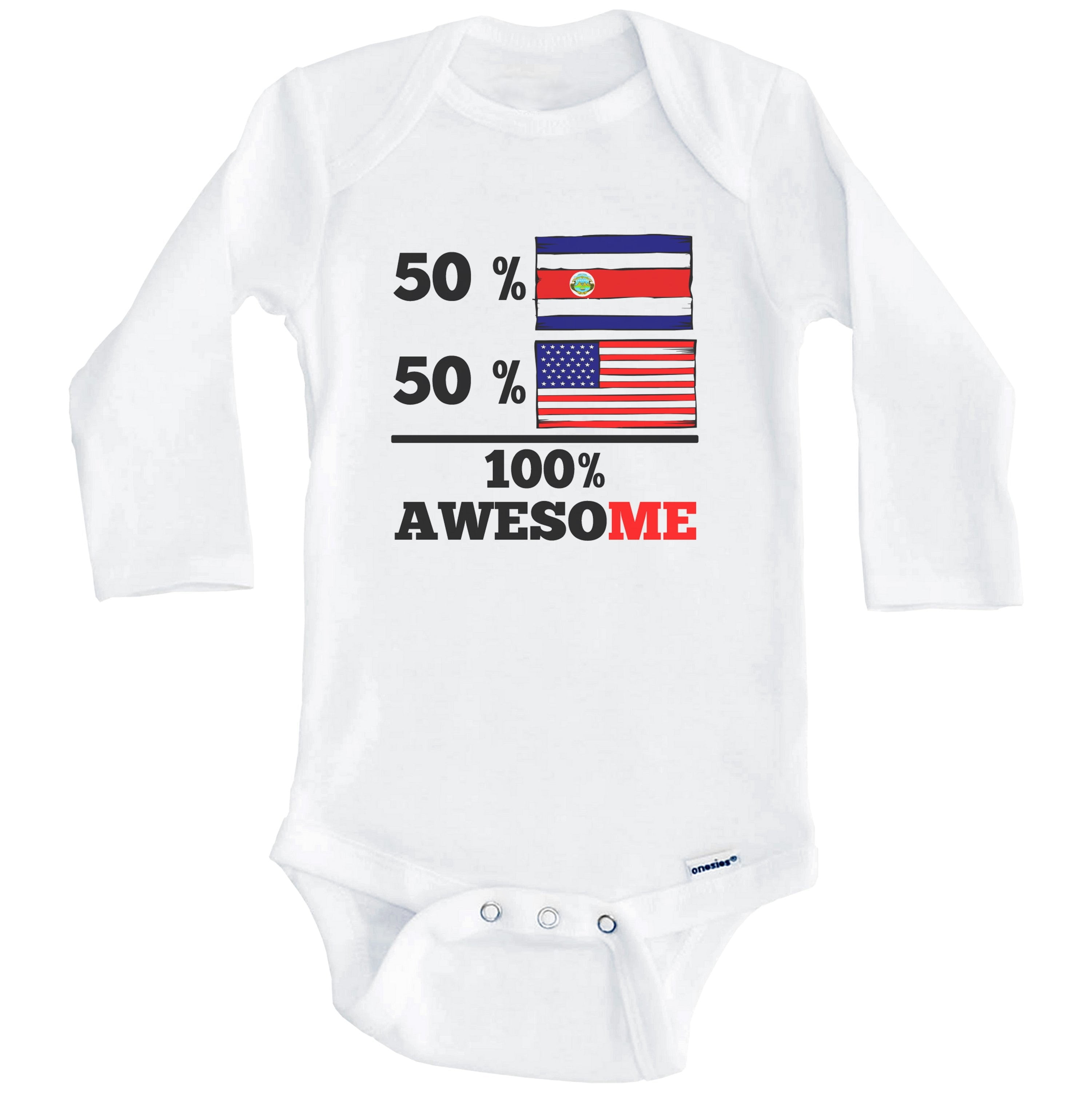 50% Costa Rican 50% American 100% Awesome Funny Costa Rica Flag One Piece Baby Bodysuit (Long Sleeve), 0-3 Months White