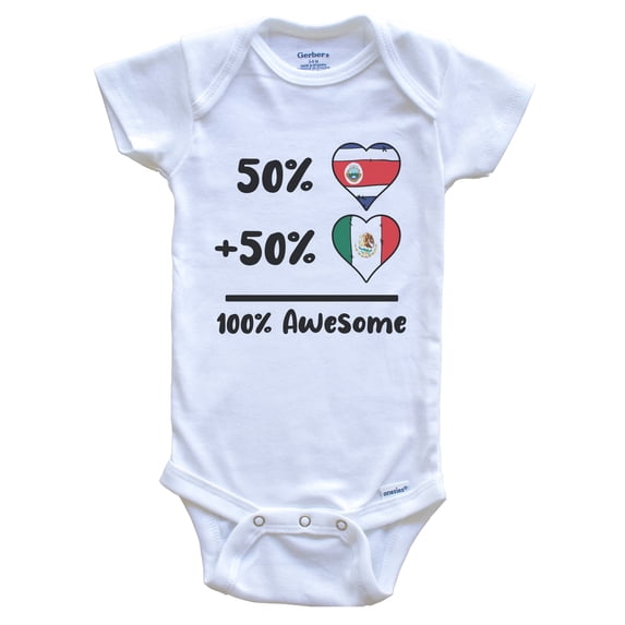 50% Costa Rican Plus 50% Mexican 100% Awesome Costa Rica Mexico Heart Flags Baby Bodysuit, 6-9 months white