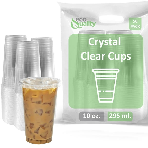 50 Count 10 oz Clear Plastic Disposable PET Cups with Lids | Crystal Clear PET Cup | Cold Smoothie | Iced Coffee Go Cups | Ideal for Coffee, Parfait, Juice, Soda, Cocktail, Party Cups (10oz)